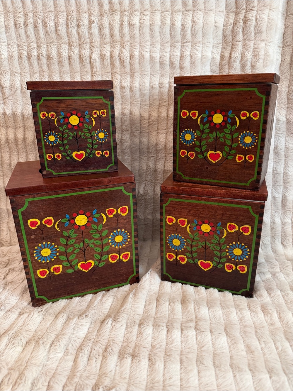 Retro Hand-Painted Folk Art Wooden Canister Set - Multicolor Floral Design